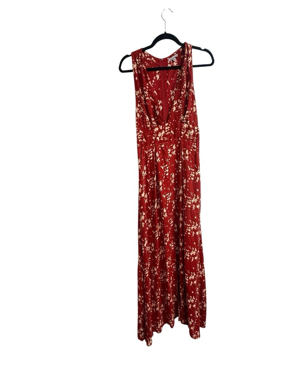Tiare Hawaii One Size Red Ivory Floral Maxi Dress Boho Resort Deep V Zip Back